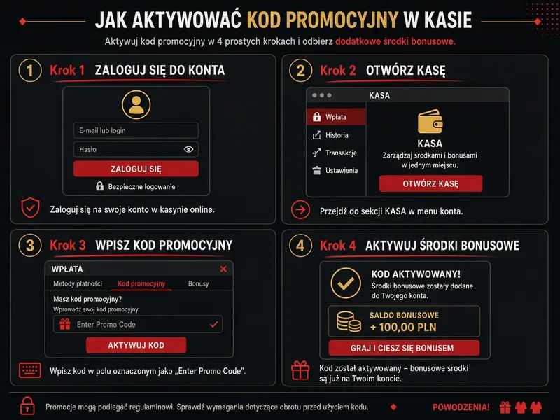 Pole do wpisania kodu promocyjnego w kasie i kolejne kroki aktywacji bonusu